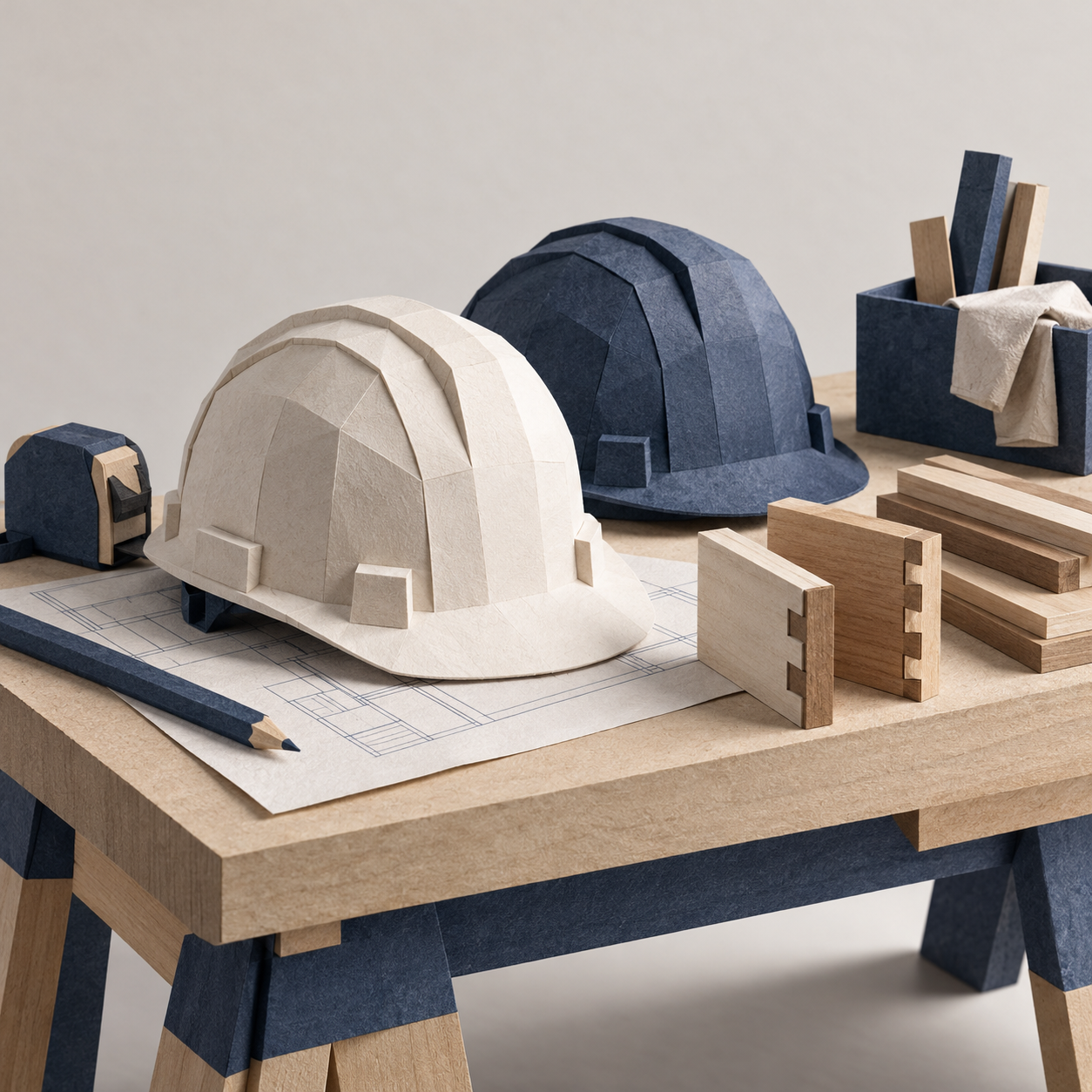 Illustration of small construction workshop: hard hats, joinery samples, an organized site bench