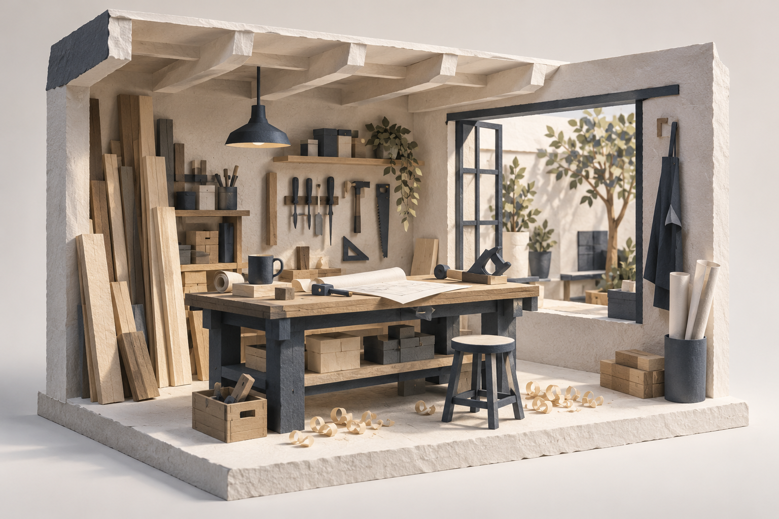 Illustration of small construction workshop: an organized site bench, stacked timber, rolled blank plans