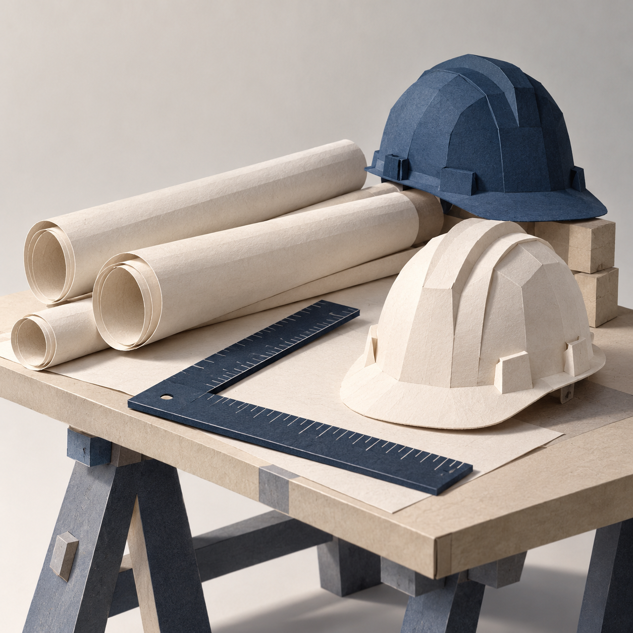 Illustration of small construction workshop: rolled blank plans, a measuring square, hard hats